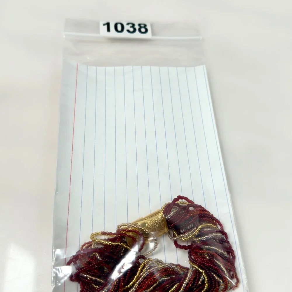 Murano Glass Bracelet Multi Strand Micro Seed Beads Torsade Red Silver Gold 7.25